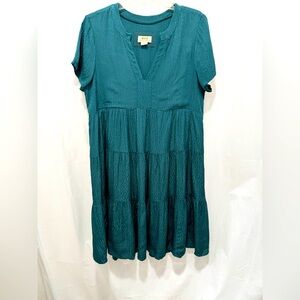 Anthropologie Maeve M Teal Tiered Dress satin shiny leopard animal cheetah print